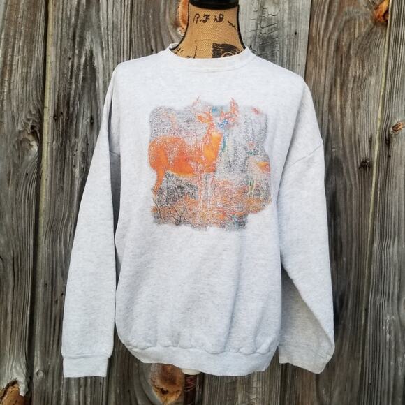 VTG Distressed Deer Print Sweatshirt Size XL Grey Animal Nature Tultex Vintage - Picture 2 of 10